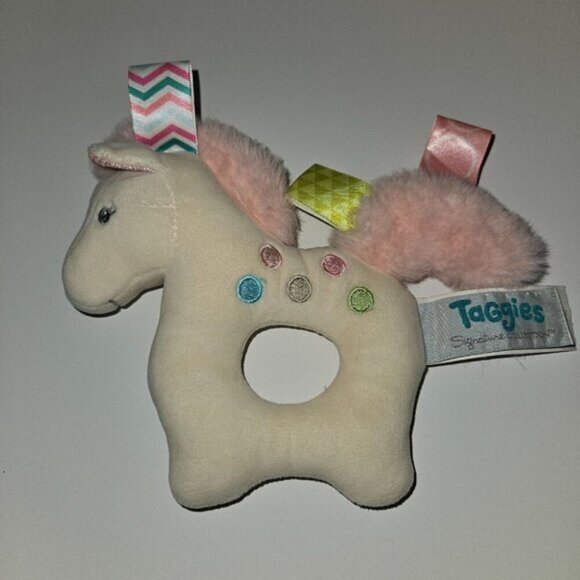 Taggies Mary Meyer Painted Pony Rattle Plush Baby Toy White Horse Ring Loop Pink - Picture 1 of 6